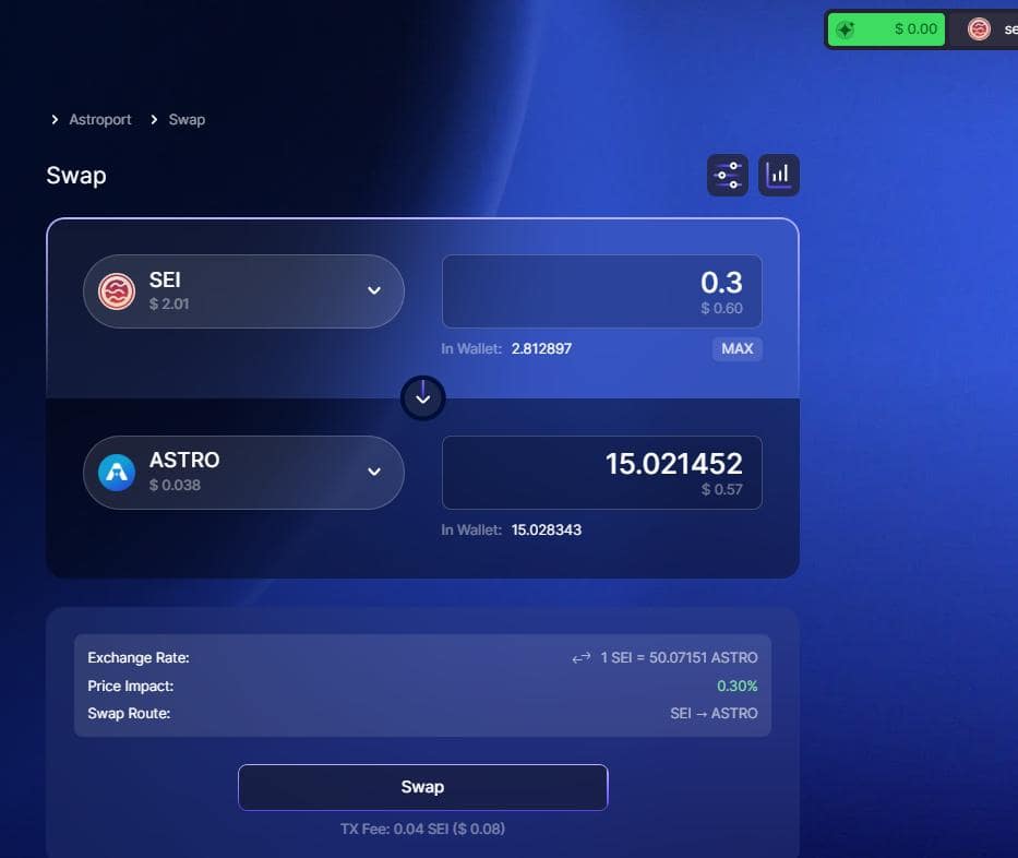 hướng dẫn cách làm Sei Testnet Mission 8 swap sei sang Astro